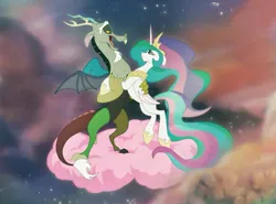 Size: 889x657 | Tagged: safe, artist:anima-dos, derpibooru import, discord, princess celestia, alicorn, draconequus, pony, all dogs go to heaven, cloud, cloudy, cute, cutelestia, discute, dislestia, don bluth, female, interspecies, male, shipping, stars, straight