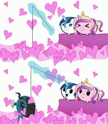 Size: 2940x3377 | Tagged: safe, artist:artist-apprentice587, derpibooru import, princess cadance, queen chrysalis, shining armor, alicorn, changeling, changeling queen, pony, unicorn, :3, :c, >:3, behaving like a fish, biting, blob, changeling feeding, chibi, cute, cutealis, cutedance, eyes closed, female, fishing rod, frown, glare, heart, high res, image, jpeg, levitation, magic, male, nom, open mouth, shining adorable, shiningcadance, shipping, simple background, smiling, smirk, straight, surprised, telekinesis, white background, wide eyes, x3