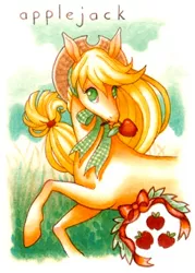 Size: 300x420 | Tagged: apple, applejack, artist:cassiefrese, derpibooru import, food, mouth hold, safe, solo