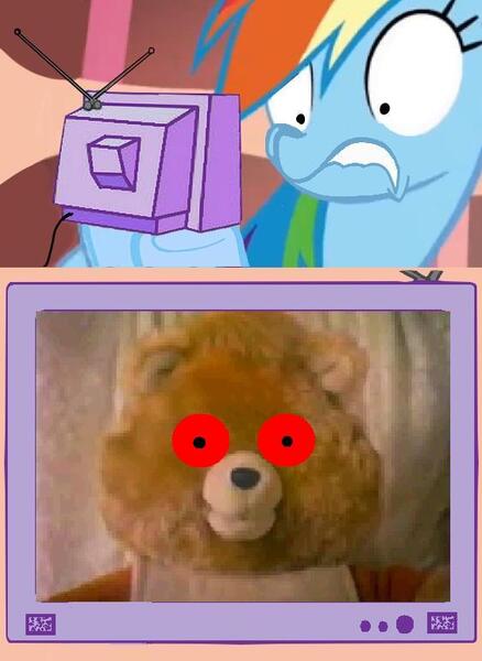 Size: 563x771 | Tagged: safe, derpibooru import, rainbow dash, pony, 2008 halloween special, exploitable meme, meme, nostalgia critic, teddy ruxpin, television, tgwtg, tv meme