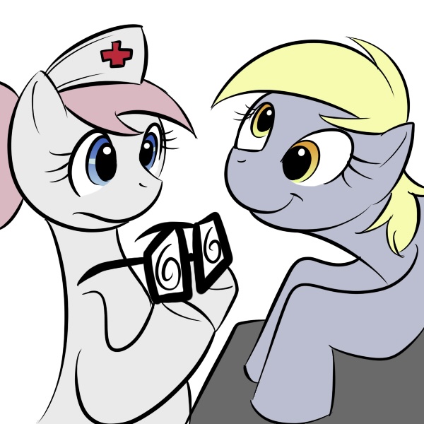 Size: 600x600 | Tagged: safe, artist:kloudmutt, derpibooru import, derpy hooves, nurse redheart, pegasus, pony, female, glasses, mare