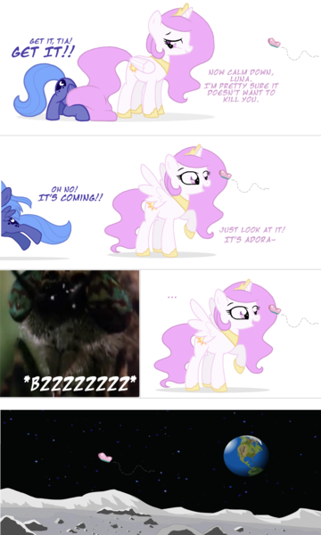 Size: 1419x2365 | Tagged: safe, artist:flausch-katzerl, derpibooru import, princess celestia, princess luna, butterfly, pony, ..., cewestia, close-up, comic, cute, extreme close up, filly, foal, frozen in fear, hiding, lepidopterophobia, moon, nightmare fuel, pink-mane celestia, simple background, spongebob squarepants, to the moon, transparent background, woona, wormy