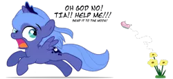 Size: 1513x691 | Tagged: safe, artist:flausch-katzerl, derpibooru import, princess luna, butterfly, pony, cute, dialogue, filly, flower, frown, help, lepidopterophobia, looking back, lunabetes, open mouth, running, scared, simple background, solo, to the moon, transparent background, vector, wide eyes, windswept mane, woona, younger