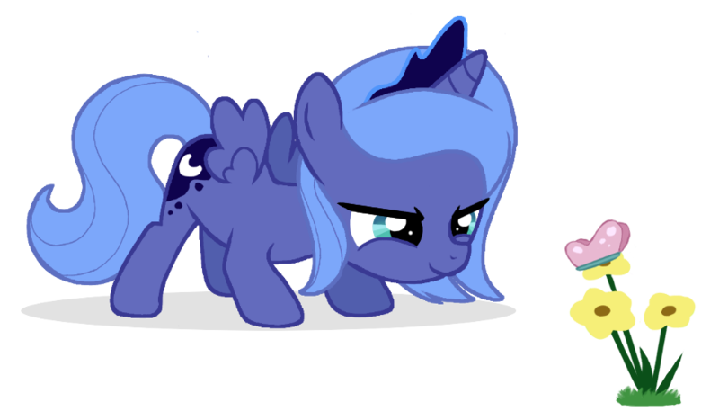 Size: 896x523 | Tagged: safe, artist:flausch-katzerl, derpibooru import, princess luna, butterfly, pony, cute, filly, flower, foal, simple background, solo, transparent background, woona