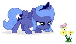 Size: 896x523 | Tagged: safe, artist:flausch-katzerl, derpibooru import, princess luna, butterfly, pony, cute, filly, flower, foal, simple background, solo, transparent background, woona