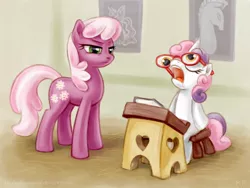 Size: 1000x750 | Tagged: safe, artist:kp-shadowsquirrel, derpibooru import, cheerilee, sweetie belle, earth pony, pony, unicorn, desk, drool, duo, duo female, female, filly, glasses, mare, school, sitting, sleeping, sleeping in class, snoring, sweetie fail, teacher and student, unamused