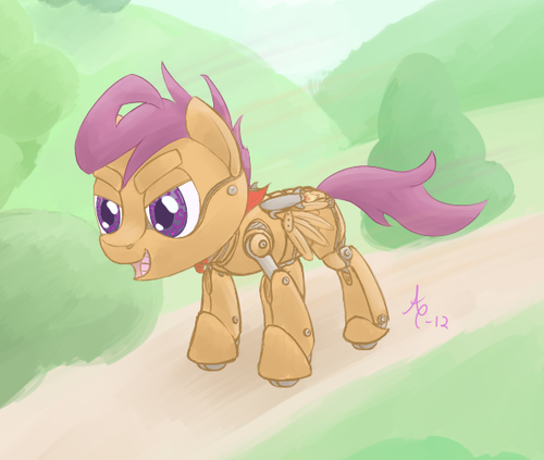 Size: 500x423 | Tagged: artist:a6p, derpibooru import, robot, safe, scootabot, scootaloo