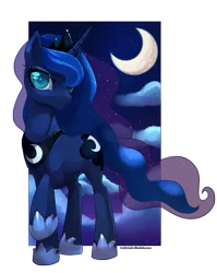 Size: 790x994 | Tagged: safe, artist:si1vr, derpibooru import, princess luna, pony, unicorn, cute, lidded eyes, looking at you, moon, night, out of frame, pretty, raised hoof, simple background, smiling, solo, transparent background, wingless