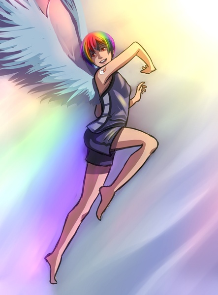 Size: 1275x1725 | Tagged: acdsee, artist:ninjaham, barefoot, clothes, dead source, derpibooru import, feet, female, flying, human, humanized, open mouth, rainbow dash, repdigit milestone, safe, shorts, skinny, smiling, solo, spread wings, winged humanization, wings