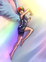 Size: 1275x1725 | Tagged: acdsee, artist:ninjaham, barefoot, clothes, dead source, derpibooru import, feet, female, flying, human, humanized, open mouth, rainbow dash, repdigit milestone, safe, shorts, skinny, smiling, solo, spread wings, winged humanization, wings