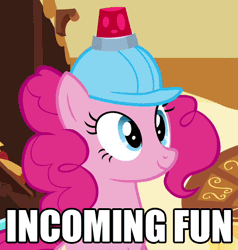 Size: 536x563 | Tagged: safe, derpibooru import, edit, edited screencap, screencap, pinkie pie, earth pony, pony, mmmystery on the friendship express, animated, caption, female, fun, hard hat, hat, helmet, image macro, inspector gadget, mare, meme, reaction image, silly, solo