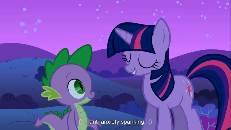 Size: 1366x768 | Tagged: safe, derpibooru import, edit, edited screencap, screencap, spike, twilight sparkle, dragon, pony, unicorn, caption, female, male, mare, spanking, youtube caption