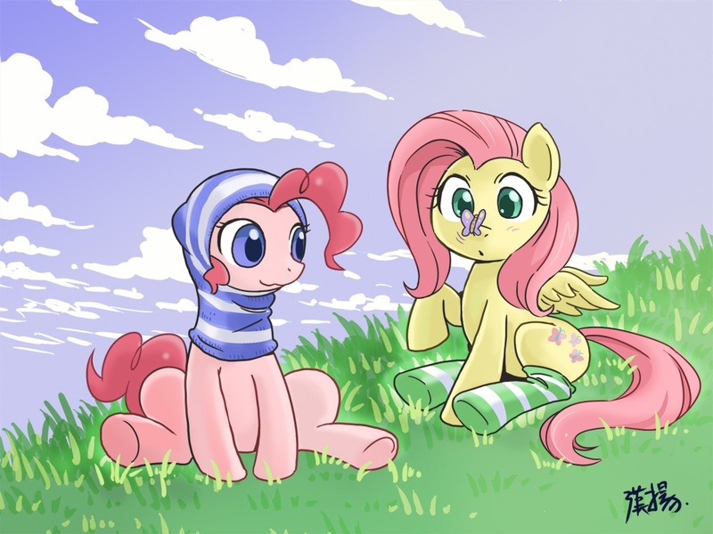 Size: 1000x750 | Tagged: safe, artist:shepherd0821, derpibooru import, fluttershy, pinkie pie, butterfly, earth pony, pegasus, pony, :3, :o, balaklava, clothes, cute, eyes on the prize, grass, hat, raised hoof, silly, sitting, smiling, socks, spread wings, striped socks, underhoof, wide eyes