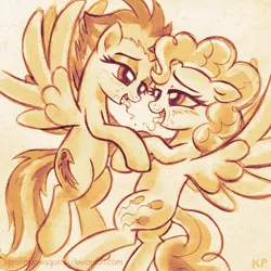 Size: 800x800 | Tagged: suggestive, artist:kp-shadowsquirrel, derpibooru import, spitfire, surprise, blushing, drool, female, females only, g1, g1 to g4, generation leap, kissing, lesbian, mare, monochrome, shipping, signature, spitprise, tongue out