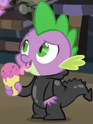 Size: 235x314 | Tagged: animated, catsuit, cropped, derpibooru import, ice cream, it's about time, licking, safe, screencap, solo, spike, twilight sparkle
