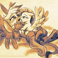 Size: 800x800 | Tagged: suggestive, artist:kp-shadowsquirrel, derpibooru import, fluttershy, gilda, gryphon, blushing, female, females only, french kiss, gildashy, image, interspecies, jpeg, kissing, lesbian, mare, monochrome, shipping, sloppy kissing, tongue out