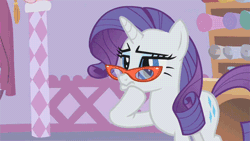 Size: 500x281 | Tagged: animated, derpibooru import, glasses, idea, rarity, rarity's glasses, safe, screencap, solo, suited for success