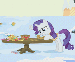 Size: 434x360 | Tagged: animated, cropped, derpibooru import, frustrated, nest, rarity, safe, screencap, solo, winter wrap up, winter wrap up vest