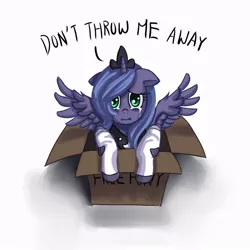 Size: 750x750 | Tagged: dead source, safe, artist:ninjaham, derpibooru import, princess luna, alicorn, pony, acdsee, clothes, crying, cute, female, filly, looking at you, lunabetes, pony in a box, s1 luna, sad, socks, solo, woona