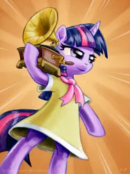 Size: 900x1200 | Tagged: safe, artist:kp-shadowsquirrel, derpibooru import, twilight sparkle, pony, bipedal, birthday dress, clothes, dress, gramophone, phonograph, record player, solo, standing