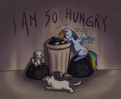Size: 1100x900 | Tagged: dead source, safe, artist:ninjaham, derpibooru import, rainbow dash, cat, pegasus, pony, acdsee, crying, female, homeless, hungry, lonely, mare, sad, solo, trash, trash can