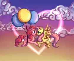 Size: 1500x1250 | Tagged: dead source, safe, artist:ninjaham, derpibooru import, fluttershy, pinkie pie, earth pony, pegasus, pony, acdsee, balloon, blushing, cloud, crying, cute, diapinkes, eye contact, female, floating, flutterpie, flying, happy, heart, lesbian, looking at each other, mare, shipping, shyabetes, tears of joy, then watch her balloons lift her up to the sky