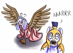 Size: 1250x900 | Tagged: dead source, safe, artist:ninjaham, derpibooru import, gilda, earth pony, gryphon, pony, acdsee, angry, clothes, cute, dress, female, frown, gala dress, glare, horrified, male, open mouth, royal guard, screaming, simple background, spread wings, stallion, uvula, white background, wings