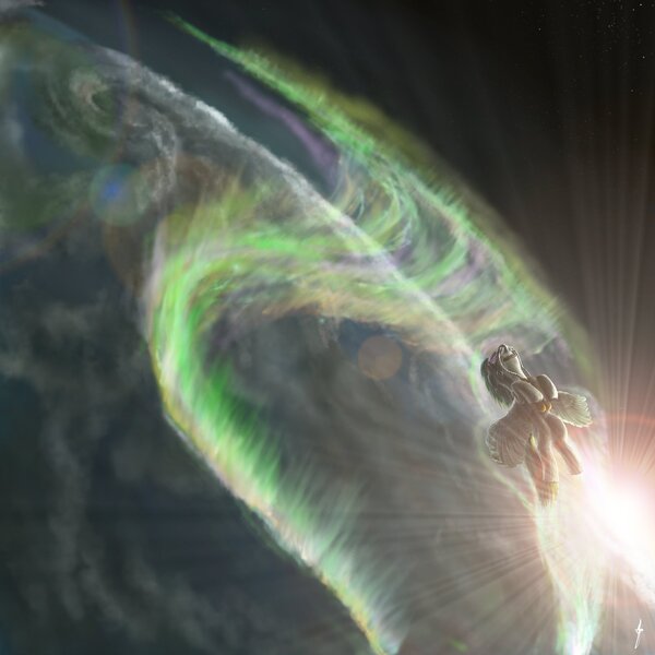 Size: 2000x2000 | Tagged: artist:friendshipocalypse, aurora borealis, derpibooru import, flying, high res, planet, safe, solo, space, sun