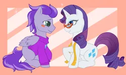 Size: 1600x951 | Tagged: safe, artist:unknow, derpibooru import, rarity, oc, oc:kydose, blushing, canon x oc, clothes, female, male, measuring tape, rarity's glasses, shipping, straight, sweater