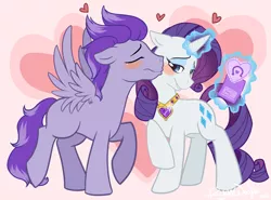 Size: 1168x863 | Tagged: safe, artist:ryunwoofie, derpibooru import, rarity, oc, oc:kydose, pegasus, pony, unicorn, blushing, canon x oc, eyes closed, female, heart, kissing on the cheek, lidded eyes, male, mare, necklace, raridose, shipping, smiling, stallion, straight