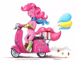 Size: 1250x1024 | Tagged: safe, artist:baron engel, derpibooru import, pinkie pie, earth pony, pony, balloon, bipedal, clothes, eyes closed, moped, pencil drawing, scarf, socks, solo, traditional art, vespa