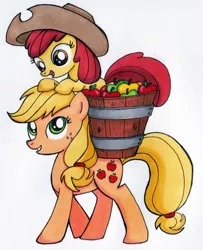 Size: 1480x1827 | Tagged: safe, artist:thedarklordkeisha, derpibooru import, apple bloom, applejack, earth pony, pony, accessory swap, apple, apple sisters, applejack's hat, basket, blank flank, cowboy hat, duo, duo female, female, filly, foal, freckles, happy, hat, looking at each other, mare, ponies riding ponies, riding, simple background, sisters, stetson, traditional art, white background