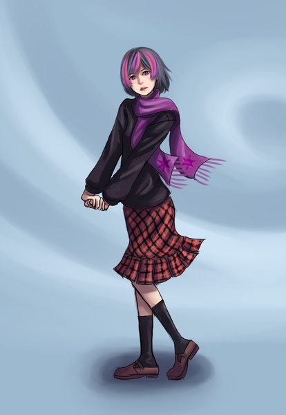 Size: 1000x1450 | Tagged: abstract background, acdsee, artist:ninjaham, clothes, dead source, derpibooru import, female, human, humanized, safe, scarf, skirt, solo, twilight sparkle