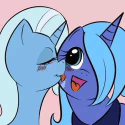 Size: 700x700 | Tagged: artist:kloudmutt, blushing, derpibooru import, female, females only, lesbian, licking, luxie, mare, princess luna, s1 luna, shipping, suggestive, trixie