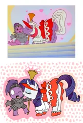Size: 613x900 | Tagged: safe, artist:peppersupreme, derpibooru import, powder, rarity, spike, dragon, pony, unicorn, escape from catrina, g1, butt, clothes, dress, female, g1 to g4, generation leap, interspecies, male, mare, plot, scene interpretation, screencap reference, shipping, sparity, spikelove, straight