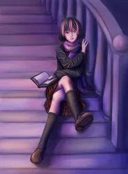 Size: 1275x1725 | Tagged: acdsee, artist:ninjaham, book, clothes, dead source, derpibooru import, female, human, humanized, looking at you, safe, scarf, sitting, skirt, solo, stairs, twilight sparkle