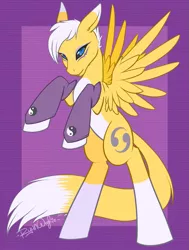 Size: 889x1179 | Tagged: safe, artist:ryunwoofie, derpibooru import, ponified, pegasus, pony, renamon, crossover, digimon, digimon tamers, female, mare, purple background, rearing, simple background, solo