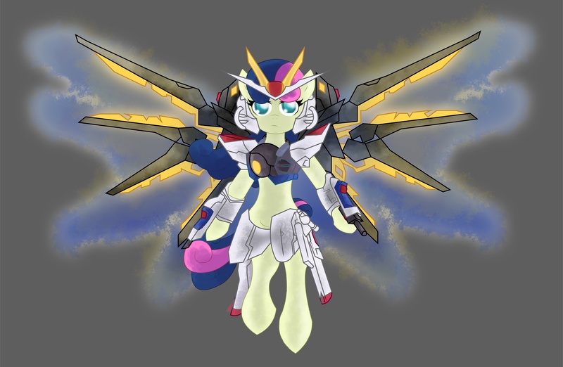 Size: 8912x5810 | Tagged: absurd resolution, artist:halotheme, bon bon, derpibooru import, gundam, gundam seed, gundam seed destiny, parody, ponified, safe, simple background, strike freedom gundam, sweetie drops, white background