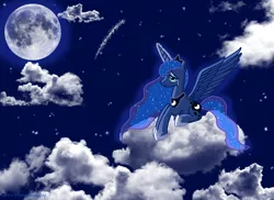 Size: 2337x1700 | Tagged: artist:prettylittlewolf, cloud, cloudy, crying, derpibooru import, moon, princess luna, sad, safe, shooting star, solo, stars