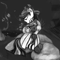 Size: 1080x1080 | Tagged: artist:white-pwny, bastion (game), clothes, crossover, derpibooru import, monochrome, ponified, safe, solo, zebrafied