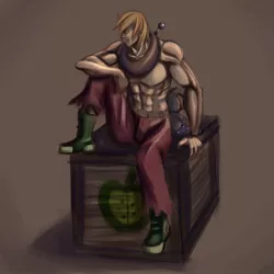 Size: 1500x1500 | Tagged: acdsee, artist:ninjaham, big macintosh, clothes, crate, dead source, derpibooru import, human, humanized, male, muscles, partial nudity, safe, solo, topless