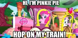 Size: 624x305 | Tagged: commercial, derpibooru import, friendship express, pinkie pie, pinkie pie operating a locomotive, safe, sweetie belle, train