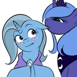 Size: 600x600 | Tagged: artist:kloudmutt, blushing, derpibooru import, ear bite, female, lesbian, luxie, mare, princess luna, s1 luna, safe, shipping, trixie