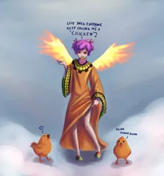 Size: 1400x1500 | Tagged: acdsee, artist:ninjaham, chicken, clothes, dead source, derpibooru import, female, human, humanized, robe, safe, scootachicken, scootaloo, skinny, solo, winged humanization, wings