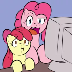 Size: 700x700 | Tagged: safe, artist:kloudmutt, derpibooru import, apple bloom, pinkie pie, earth pony, pony, computer, computer monitor, cute, cute little fangs, disgusted, duo, fangs, open mouth, reaction image, scrunchy face