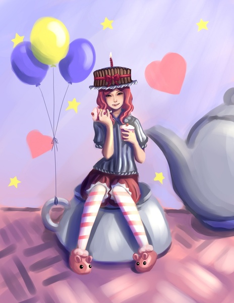 Size: 1275x1650 | Tagged: acdsee, artist:ninjaham, balloon, cake, cupcake, derpibooru import, female, hat, human, humanized, pinkie pie, safe, sitting, solo, source needed, useless source url