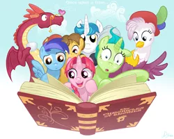 Size: 1024x819 | Tagged: artist needed, source needed, safe, derpibooru import, oc, unofficial characters only, butterfly, dragon, gryphon, pegasus, pony, unicorn, blue background, book, cup, dragon oc, female, griffon oc, hat, male, mare, once upon a time, open book, pince-nez, simple background, stallion, teacup