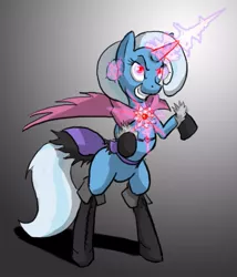 Size: 643x752 | Tagged: artist:moronsonofboron, boots, cape, clothes, dark magic, derpibooru import, glowing horn, magic, pentagram, rearing, safe, trixie