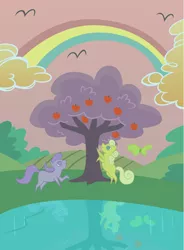 Size: 1450x1975 | Tagged: safe, artist:capt-nemo, derpibooru import, bird, butterfly, earth pony, pony, winter wrap up, apple, apple tree, blank flank, cloud, cloudy, cmyk, duo, female, food, grape oasis, lake, lime paradise, mare, picture, rainbow, raised leg, rearing, reflection, tree, water