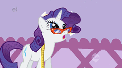Size: 415x233 | Tagged: animated, derpibooru import, ei, faint, glasses, hub logo, measuring tape, messy mane, rarity, rarity's glasses, safe, screencap, solo, suited for success